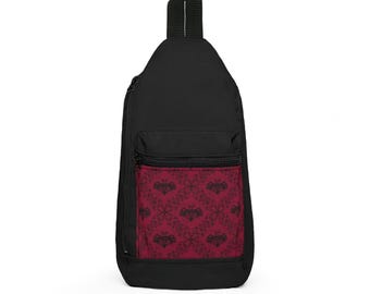 Borsa a tracolla con motivo floreale a forma di pipistrello / Damasco gotico / Design grunge rosa acceso / Borsa a tracolla con motivo a rombi / Regalo alternativo