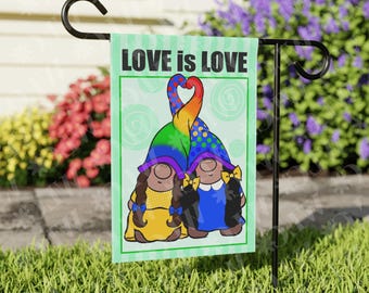 Sapphic Garden Flag | Lesbian Pride Gnome Decor | LGBTQ Yard Flag | Hand Drawn Art