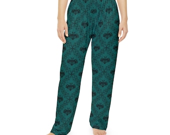 Womens Pajama Pants | Teal Bat Lounge Bottoms | Hand Drawn Floral Gothic Sleepwear | Grunge Pattern Comfy Gift