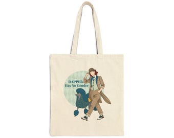 Nonbinary Pride Tote Bag | Queer Inclusive Gift | Dapper Has No Gender Design | Vintage Suit Character Art | Black Canvas Carryall
