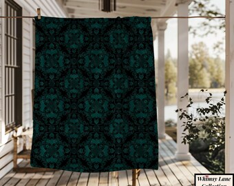 Teal Bats Gothic Sherpa Blanket | Skull Victorian Throw Blanket