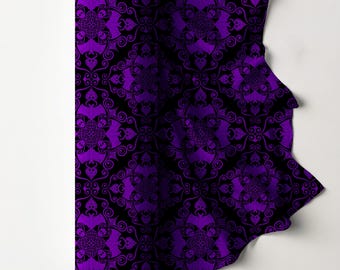 Tessuto damascato gotico / Tessuto con teschio di pipistrello viola / Tessuto per cucito Whimsigoth disegnato a mano / Stampa di cotone gotica alternativa