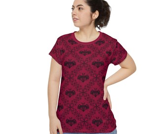 Camicia gotica damascata con pipistrello / Camicia da donna a maniche corte / Abbigliamento gotico con design disegnato a mano