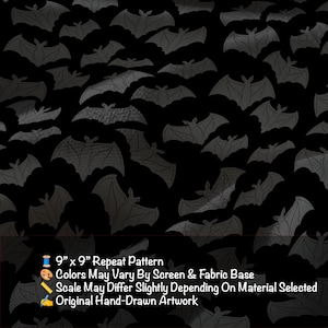 Tissu de chauve-souris par mètre | Impression gothique coordonnée dessinée à la main | Textile couture Halloween noir | Matériau de courtepointe alternatif