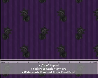 Gray Rose Fabric | Hand Drawn Office Goth | Purple Pinstripes