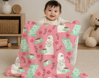 Baby Ghost Blanket | Pink Minky Baby Blanket | Cute Ghost Nursery Throw | Hand Drawn Art