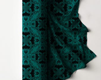 Tessuto damascato gotico / Tessuto con teschio di pipistrello color verde acqua / Tessuto da cucito Whimsigoth disegnato a mano / Stampa di cotone gotica alternativa