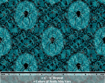 Teal Spider Damask Design Fabric by Yard | Gothic Apparel Sewing | Original Hand Drawn