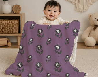 Goth Baby Blanket | Lavender Minky Nursery Blanket | Skull Daisy Toddler Blanket | Hand Drawn Art