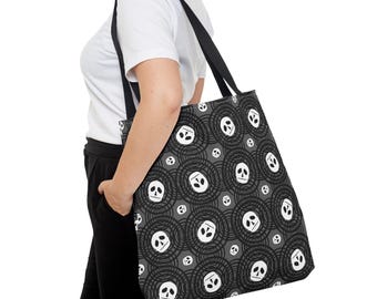 Borsa tote con teschio giocoso / Design con cerchi gotici / Borsa in tela grigia / Motivo disegnato a mano / Idea regalo unica