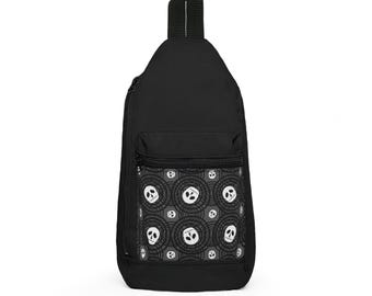 Borsa a tracolla con teschio / Borsa a tracolla gotica / Motivo a cerchi / Grafica nera e grigia / Borsa casual per tutti i giorni