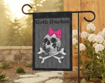 Goth Garden skull and crossbones garden flag | Pink Bow Gothic Outdoor Flag