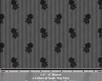 Gray Rose Fabric | Romantic Goth Floral Stripe | Whimsy Goth