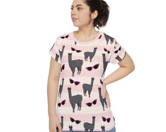 Maglietta con motivo lama / Maglietta con occhiali da sole rosa / Top a righe disegnato a mano / Grafica di animali carini / Abbigliamento femminile retrò e giocoso