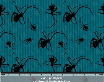 Black Spider Stripe Fabric | Teal Gothic Cotton by the Yard