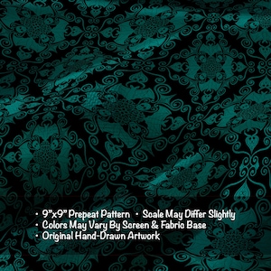 Gothic Damask Fabric | Teal Bat Skull Textile | Hand Drawn Whimsigoth Sewing Fabric | Alternative Goth Cotton Print