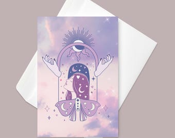 Lunar Goddess Printable Greeting Card 5x7 | Ethereal Pastel Sky | Blank Inside | Digital Download