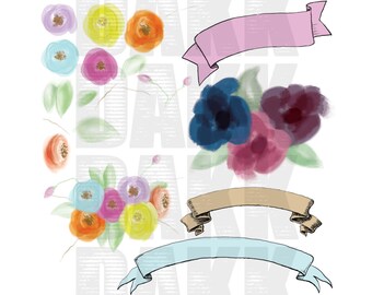 Watercolor Flowers and Banners SVG and PNG Files