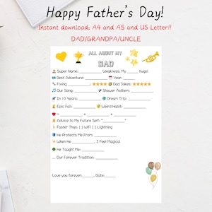 Todo sobre mi papá, abuelo y tío: cuestionario imprimible para el Día del Padre para niños, tamaño carta (A4, A5, EE. UU.), regalo personalizable, descarga.
