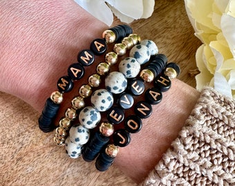 Black Leopard Gold Mama Bracelet Stack - Personalized Kids Name Bracelets - Create Your Own Stack