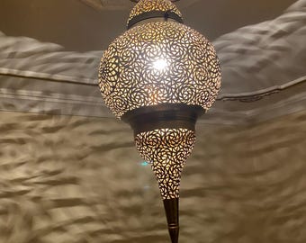 Moroccan Hanging Lamp - Handmade Brass Pendant Light with Intricate Patterns, Oriental Ceiling Fixture, Boho Home Decor