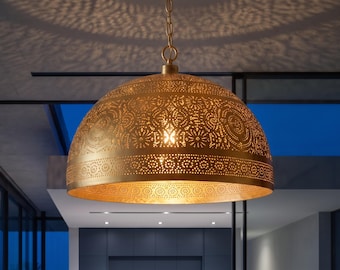 Large Moroccan Brass Dome Pendant Light | Handmade Pierced Metal Hanging Lamp | Boho Dining Room Chandelier | Global Ceiling Light
