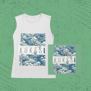 May include: White vest top featuring a blue and white cloud pattern with the word "KUKESI" in a white banner. A smaller version of the design is on a green background.