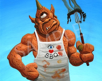 May include: A one-eyed, brown, monster-like creature wearing a white apron with a red heart and an eye with the text "BBQ" on it. The monster is holding a fork with a burnt, black, creature on it. Smoke trails from the creature on the fork.