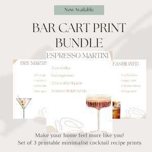 Minimalist Bar Cart Drink Print Set- 3 Modern Cocktail Recipes for Home Bar or Kitchen Decor- Digital Download Wall Art