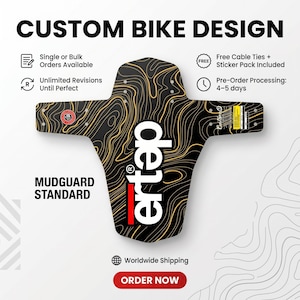 Peut inclure: Un garde-boue de vélo noir avec un motif de lignes topographiques dorées et le texte blanc "ertap" accompagné d'un rectangle rouge. Le garde-boue présente des trous de montage et le texte "CUSTOM BIKE DESIGN," "MUDGUARD STANDARD," et "ORDER NOW."