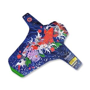 May include: A blue bicycle mudguard with a colourful koi carp design. The artwork features a large orange and white koi carp, pink flowers, and a purple chrysanthemum against a dark blue background. The mudguard has a green edge.