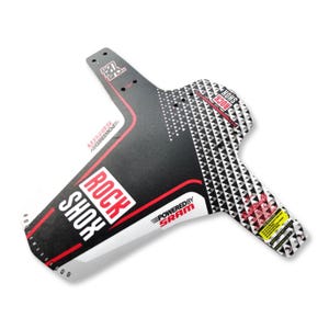 May include: A black and white Rock Shox mountain bike mudguard with red detailing. The mudguard features the words "ROCK SHOX" in a white box with a red outline. It is marked "POWERED BY SRAM".