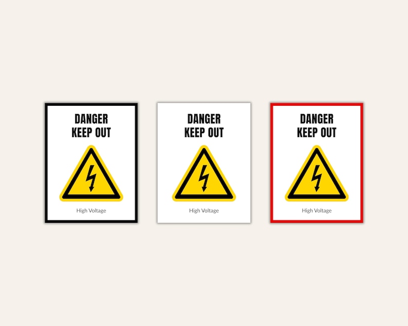 3x Danger Sign Printable – Keep Out Sign PDF, High Voltage Safety Sign ...