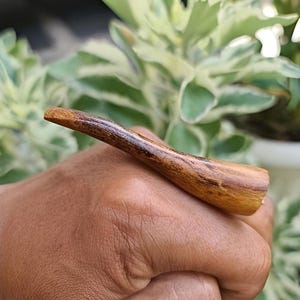 Op de afbeelding: Een handgemaakte houten pijp met een gebogen ontwerp. De pijp is gemaakt van licht en donkerbruin hout, dat de natuurlijke nerf laat zien. De pijp wordt in een gesloten vuist gehouden, met groen en wit gebladerte op de achtergrond.