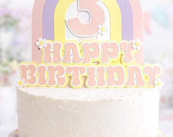 Boho Rainbow Birthday Cake Topper-Custom Age-Pastel Daisy Theme