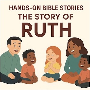 Puede incluir: Ilustración colorida que representa a adultos y niños, con el texto "HANDS-ON BIBLE STORIES THE STORY OF RUTH". La imagen muestra un grupo de personas sonriendo, posiblemente participando en una actividad de narración.