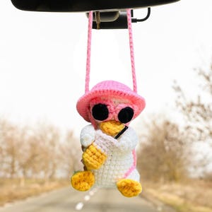 Handmade Amigurumi Duck Mirror Pendant – Crochet Duck Car Charm, Cute Swinging Ornament, Car Decor Gift for Women or Teens