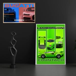 Supercar Digital Posters Bundle of 2 (Bugatti Chiron & Lamborghini Countach) | High-Resolution Wall Art for Car Lovers | Instant Download