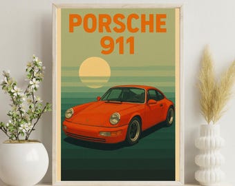 May include: Orange Porsche 911 art print with a retro design. The print features the car against a backdrop of a setting sun and green and blue horizontal stripes. The text "PORSCHE 911" is in orange block letters.