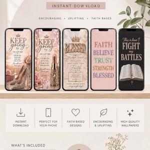 Puede incluir: Fondos de pantalla digitales para teléfonos con citas inspiradoras. La imagen muestra cinco teléfonos inteligentes con diferentes diseños, incluyendo textos como "Keep Going" y "Blessed". Las palabras "Instant Download" también son visibles.