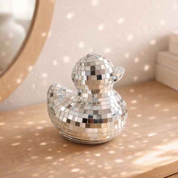 Disco Ball Duck Decor | Mirror Mosaic Duck Statue | Silver Gold Rose Gold Home Accent