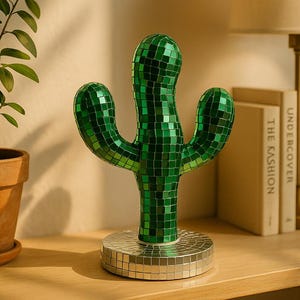 グリーンディスコサボテン彫刻 – 25 cm (9.8 in) ミラーモザイクアート装飾 • 反射オーナメント