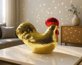 Disco Chicken Gold Figurine: Real Glass Mirror Tile, 70s Retro Decor