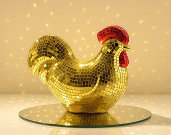 Gold Disco Chicken Figurine: Real Glass Mirror Tile, 70s Retro Decor