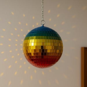 Pode incluir: Uma bola de discoteca multicolorida pendurada por uma corrente projeta padrões de luz na parede. A bola é composta por pequenos quadrados espelhados nas cores do arco-íris, incluindo vermelho, amarelo, verde e azul. A imagem evoca um ambiente festivo.