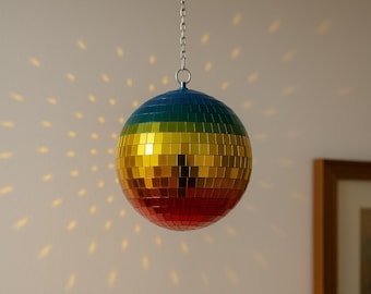 Rainbow Disco Ball: Hand-Tiled Mirror Sphere, Retro Home Decor