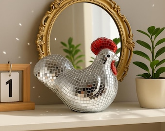 Disco Chicken Figurine: 70s Retro Mirror Tile Decor