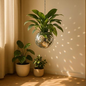 Op de afbeelding: Een lichte kamer met verschillende potplanten. Een hangende discobal-planter reflecteert licht op de muur. Andere planten staan in witte en bruine potten. De kamer heeft een raam met transparante gordijnen.