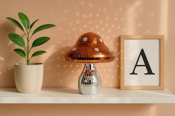 Disco Mushroom Decor: 70s Retro Mirror Tile Figurine