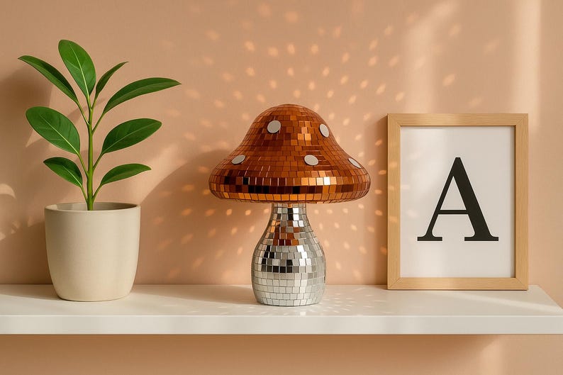 Pu&ograve; includere: Una lampada decorativa a forma di fungo con paralume a mosaico color rame e base argentata. Una pianta in vaso con foglie verdi e una stampa incorniciata con la lettera "A" sono su una mensola bianca.